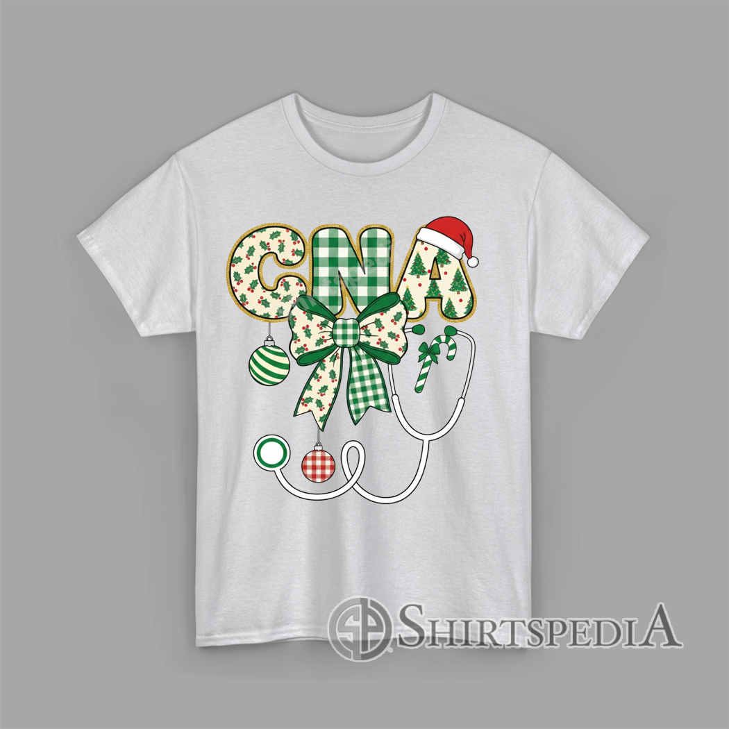 CNA Christmas design with gingham letters, Santa hat, Christmas bow, ornaments, candy cane, and stethoscope illustration Shirt