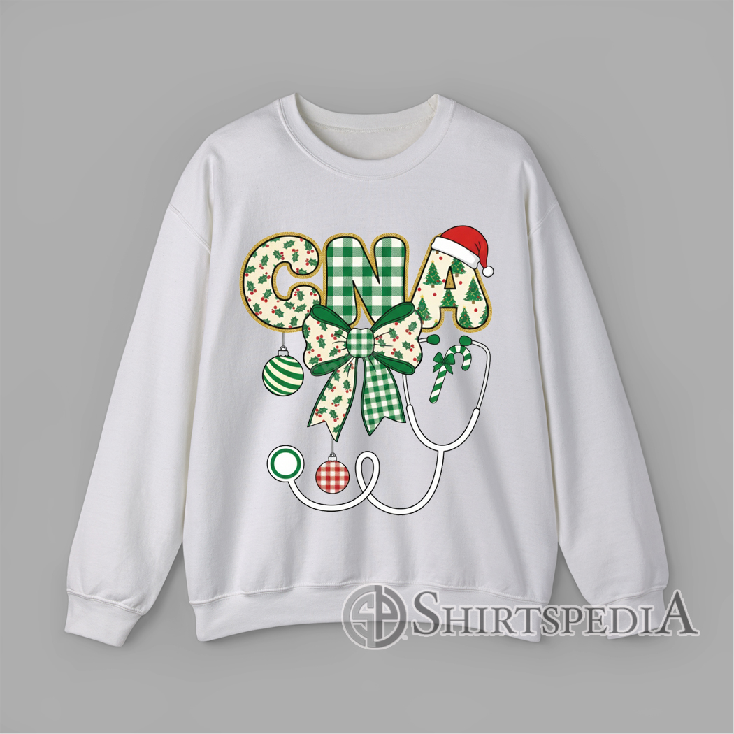 Sweatshirt CNA Christmas design with gingham letters, Santa hat, Christmas bow, ornaments, candy cane, and stethoscope illustration