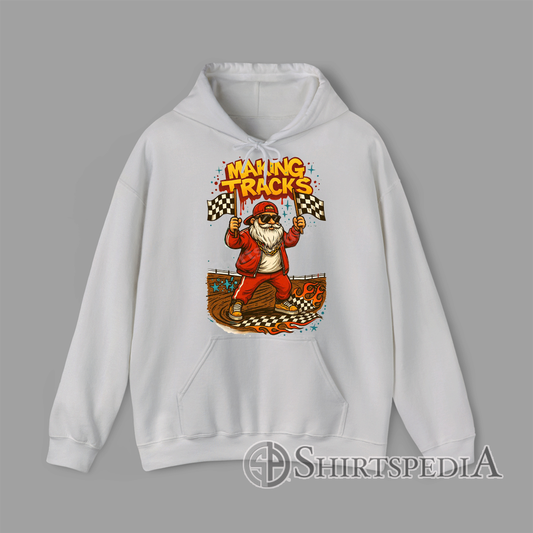 Santa with sunglasses holding checkered flags on a race track with text Making Tracks Sweatshirt graphic design