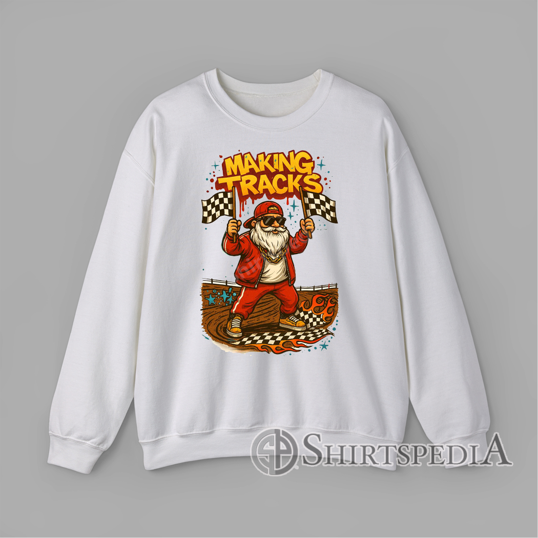 Santa with sunglasses holding checkered flags on a race track with text Making Tracks Sweatshirt graphic design