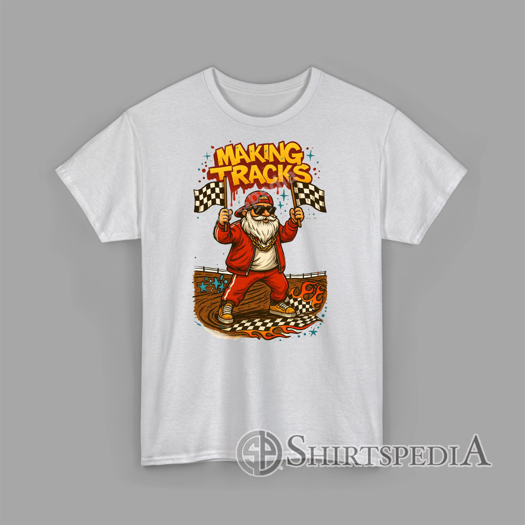 Santa with sunglasses holding checkered flags on a race track with text Making Tracks T-Shirt graphic design