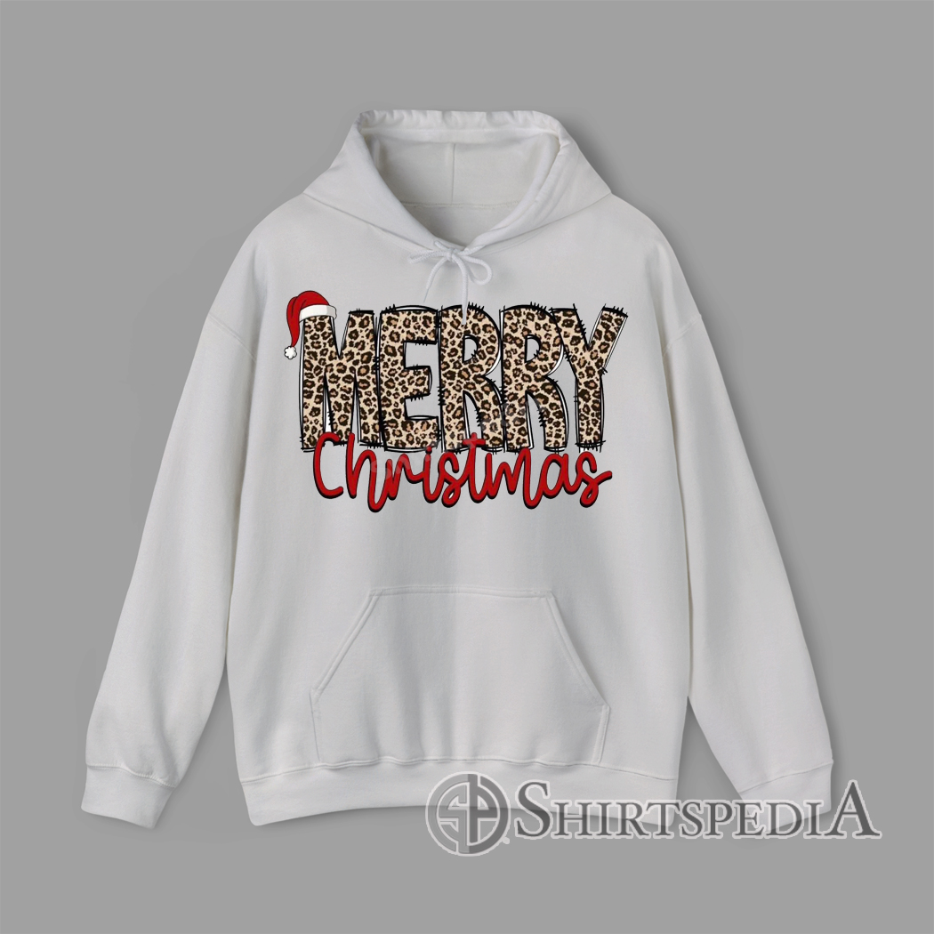Merry Christmas lettering in leopard print with Santa hat Christmas graphic design Printed On Hoodie