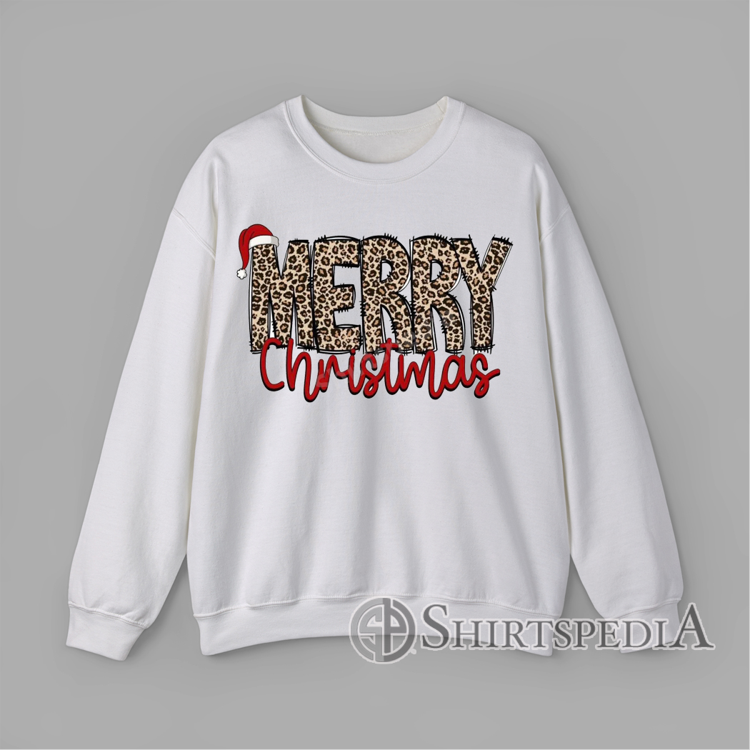Sweatshirt Printed Merry Christmas lettering in leopard print with Santa hat Christmas graphic design
