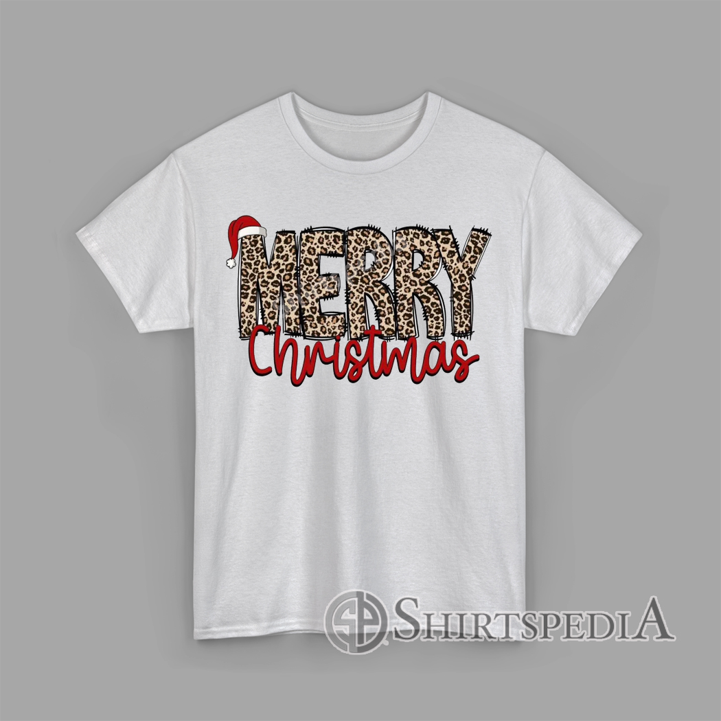 T-Shirt Printed With Merry Christmas lettering in leopard print with Santa hat Christmas graphic design