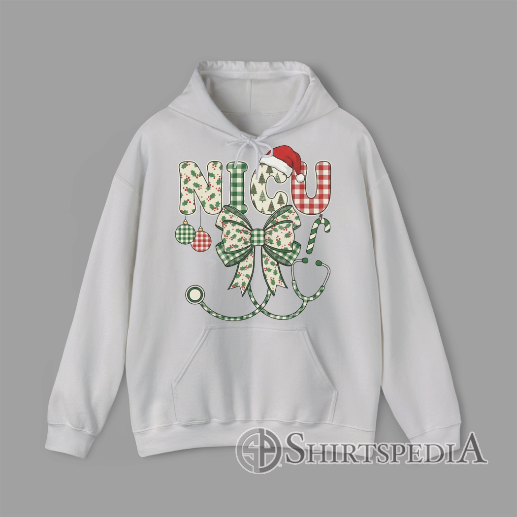 Festive NICU Christmas design with gingham patterned letters, Santa hat, holiday bow, ornaments, candy cane, and stethoscope illustration Hoodie
