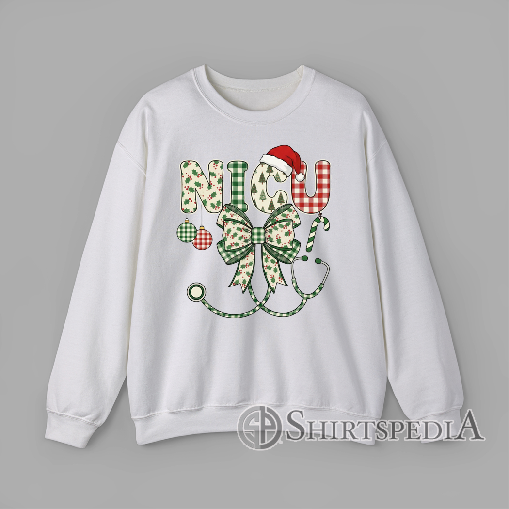 Festive NICU Christmas design with gingham patterned letters, Santa hat, holiday bow, ornaments, candy cane, and stethoscope illustration Sweatshirt