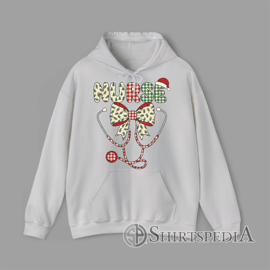 Nurse Christmas gingham print design with Santa hat, holiday bow, ornaments, candy cane, and stethoscope illustration Hoodie
