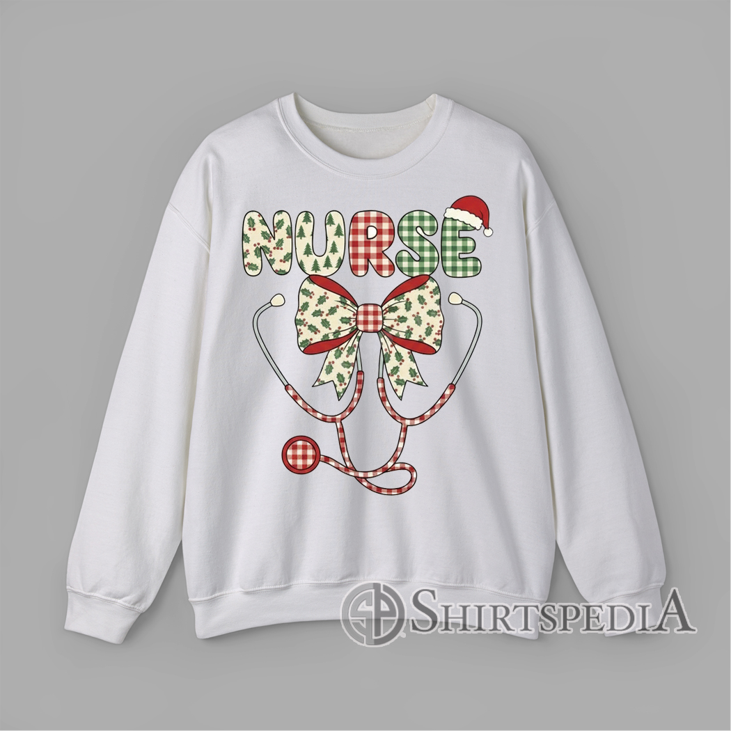 Nurse Christmas gingham print design with Santa hat, holiday bow, ornaments, candy cane, and stethoscope illustration Sweatshirt