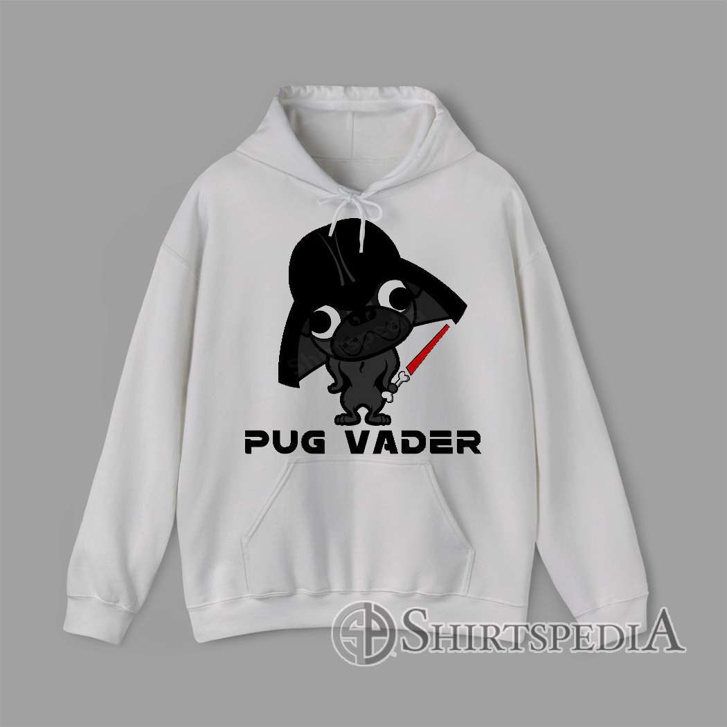 Hoodie showing a cartoon pug holding a red bone lightsaber and wearing a dark sci-fi helmet