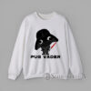Sweatshirt with a black cartoon pug in a dramatic helmet and tiny red lightsaber with “Pug Vader” text underneath