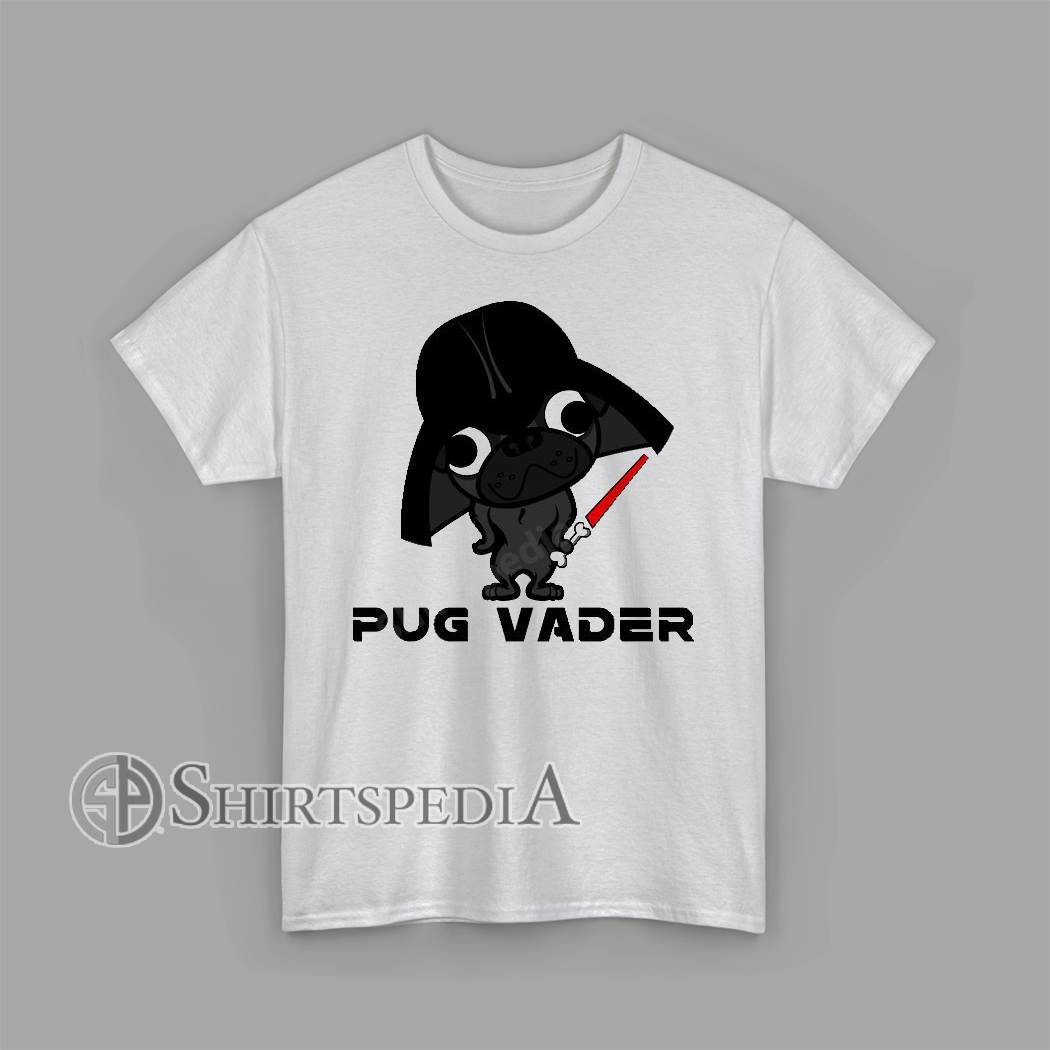 Graphic T-shirt with a cartoon pug wearing a black villain helmet and holding a red bone-shaped lightsaber with the text “Pug Vader