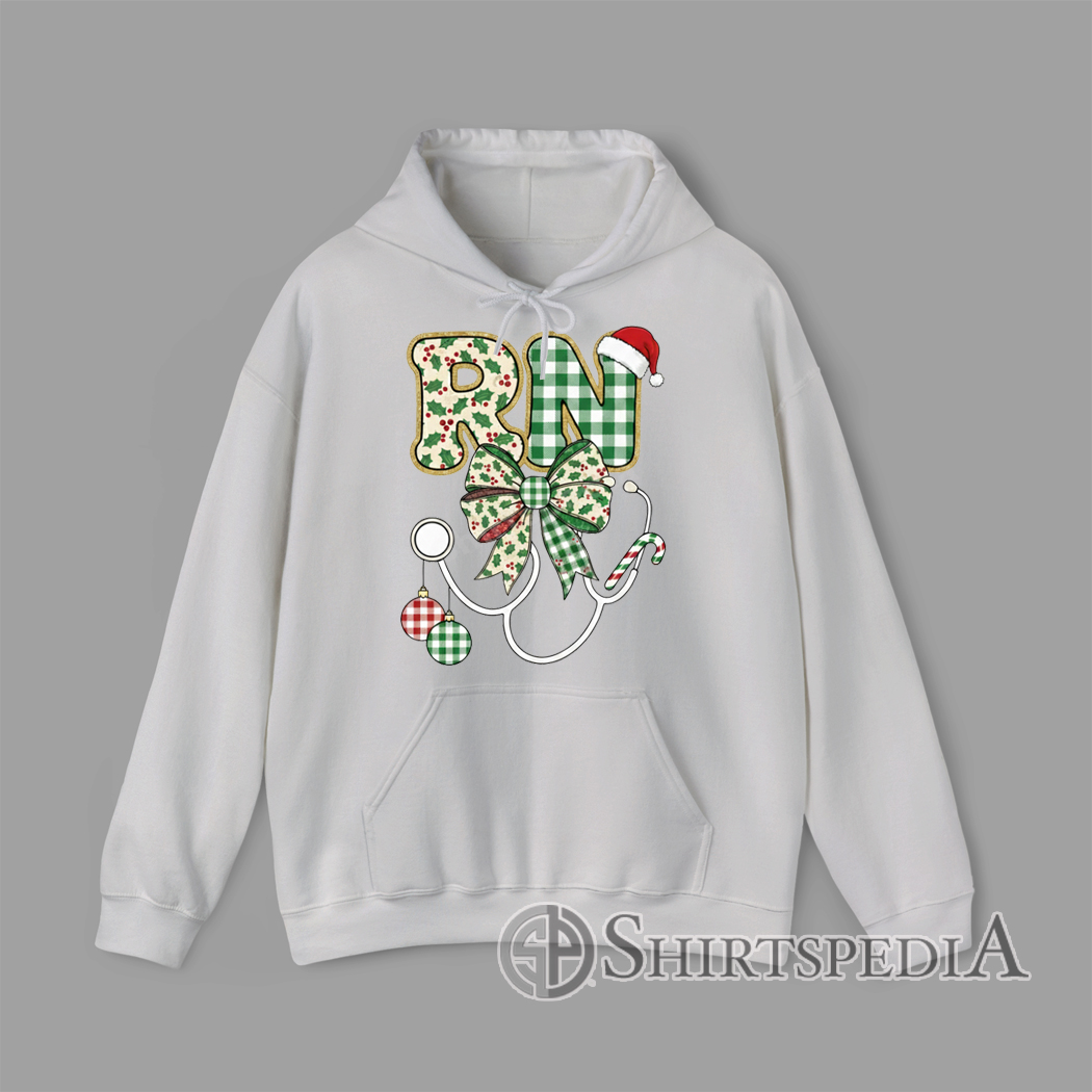 Hoodie RN Christmas design with gingham patterned letters, Santa hat, Christmas bow, ornaments, candy cane, and stethoscope illustration