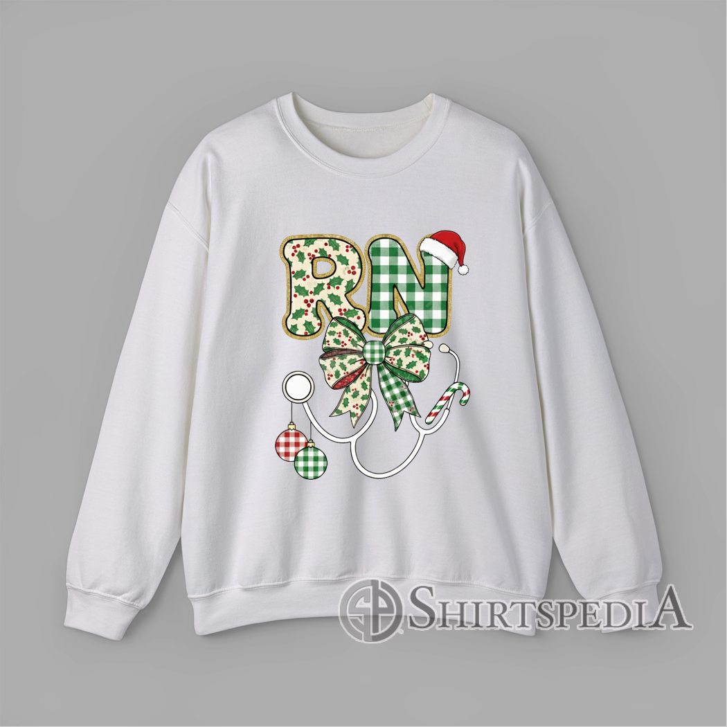 RN Christmas design with gingham patterned letters, Santa hat, Christmas bow, ornaments, candy cane, and stethoscope illustration Sweatshirt