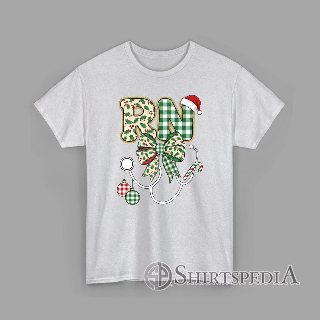 RN Christmas design with gingham patterned letters, Santa hat, Christmas bow, ornaments, candy cane, and stethoscope illustration