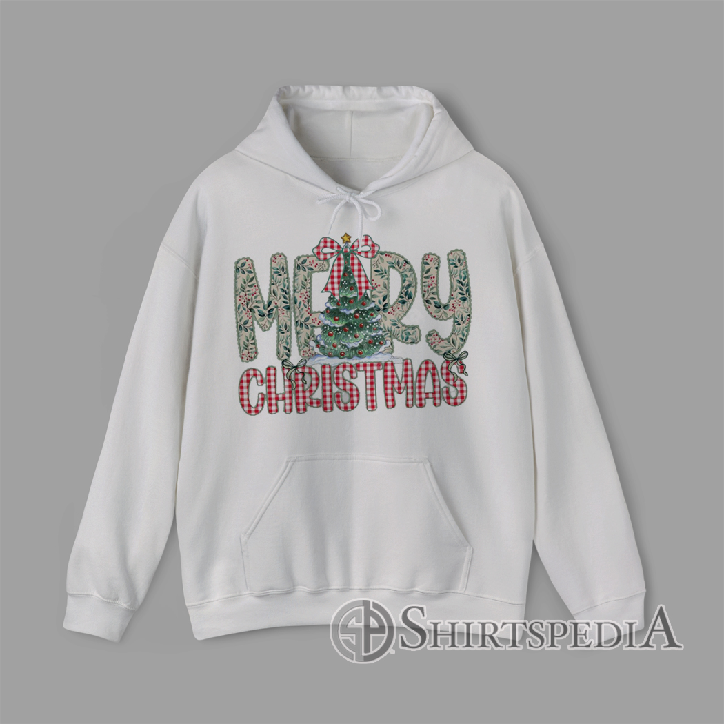 Hoodie With Rustic Merry Christmas design with floral letters, gingham print text, and watercolor Christmas tree illustration