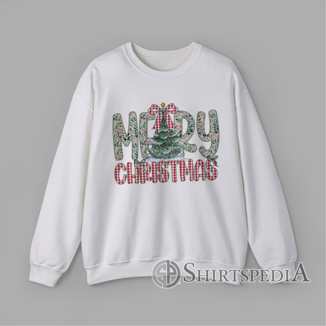 Sweatshirt with Rustic Merry Christmas design with floral letters, gingham print text, and watercolor Christmas tree illustration
