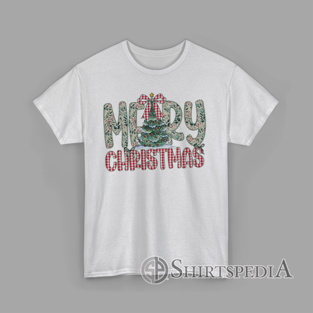 T-Shirt Rustic Merry Christmas design with floral letters, gingham print text, and watercolor Christmas tree illustration