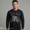 Mens black crewneck pullover sweatshirt featuring a large central graphic of a crowd-surfing cat at a live rock concert.
