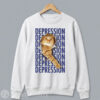Unisex black crewneck pullover sweatshirt featuring a large central graphic of an ironic sad orange tabby cat in a vintage meme style.