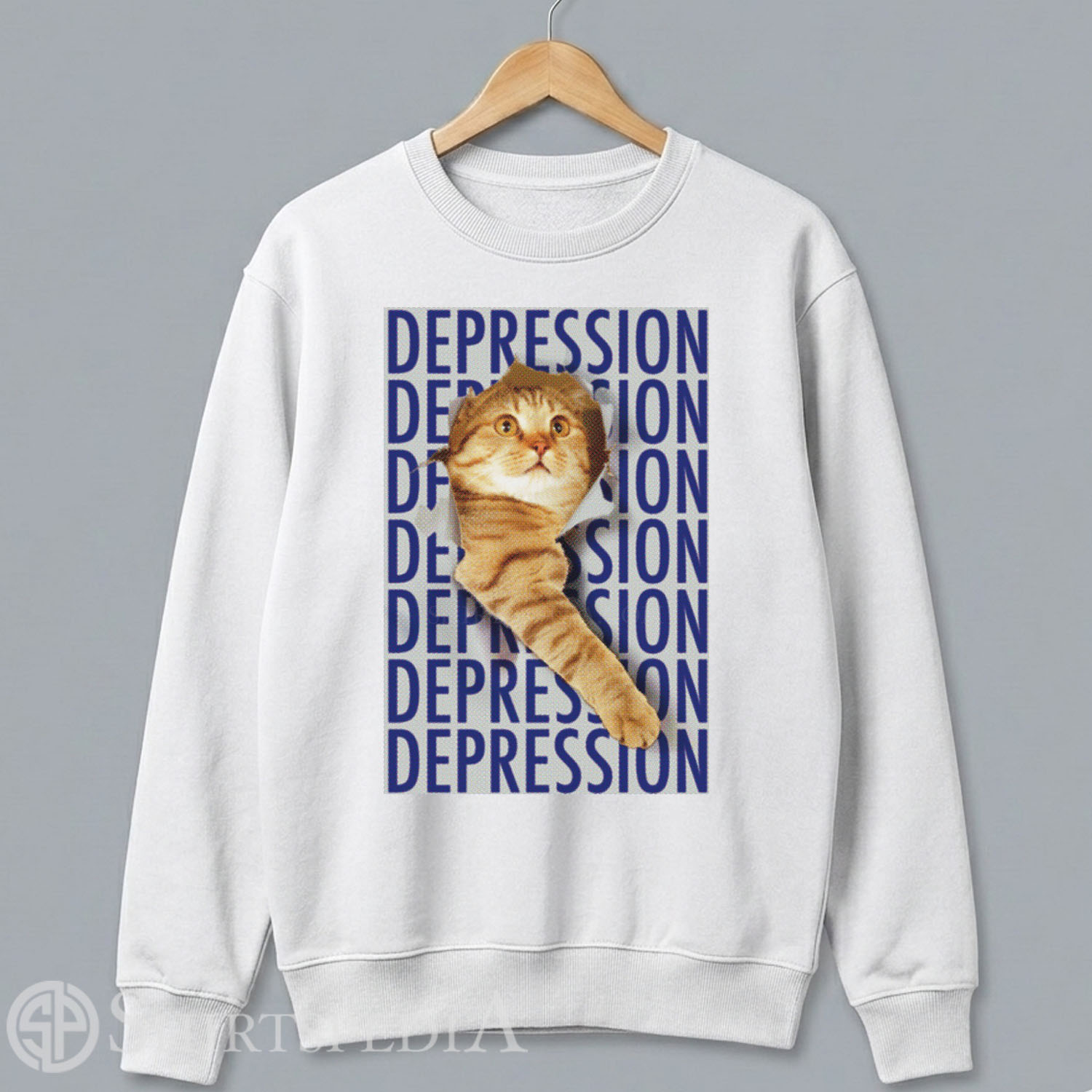 Unisex black crewneck pullover sweatshirt featuring a large central graphic of an ironic sad orange tabby cat in a vintage meme style.