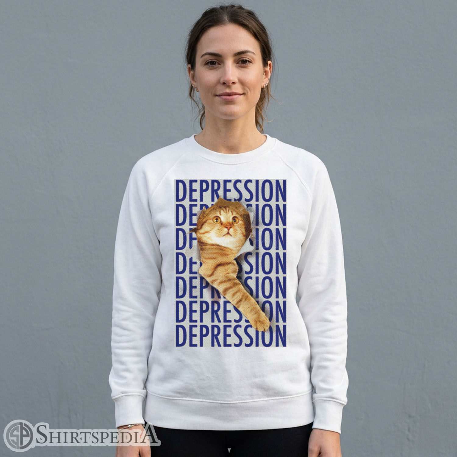 Women Unisex black crewneck pullover sweatshirt featuring a large central graphic of an ironic sad orange tabby cat in a vintage meme style.