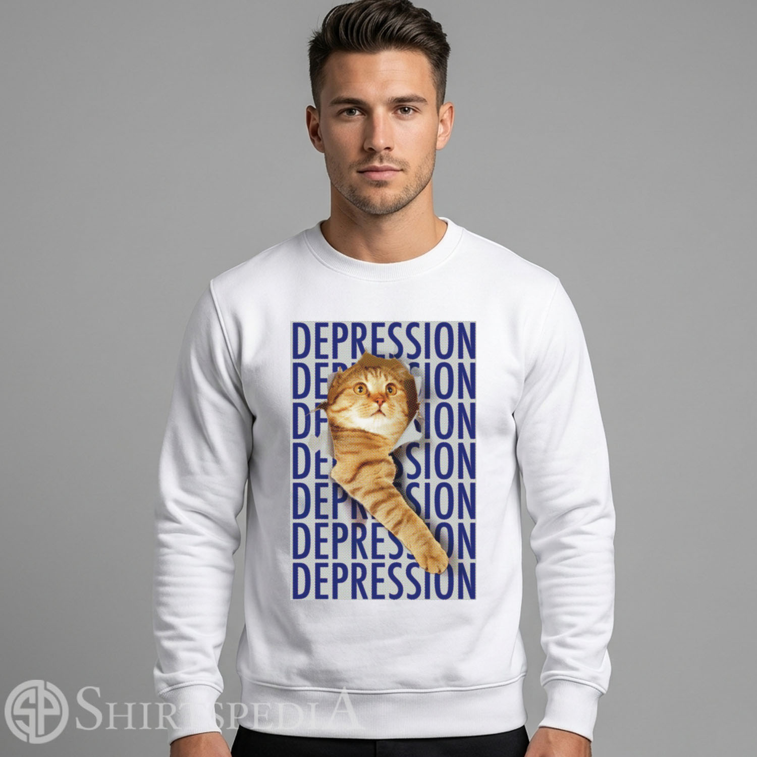 Men Unisex black crewneck pullover sweatshirt featuring a large central graphic of an ironic sad orange tabby cat in a vintage meme style.