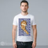 Men white streetwear t-shirt featuring an ironic graphic of a sad orange tabby cat in a retro Y2K meme aesthetic.