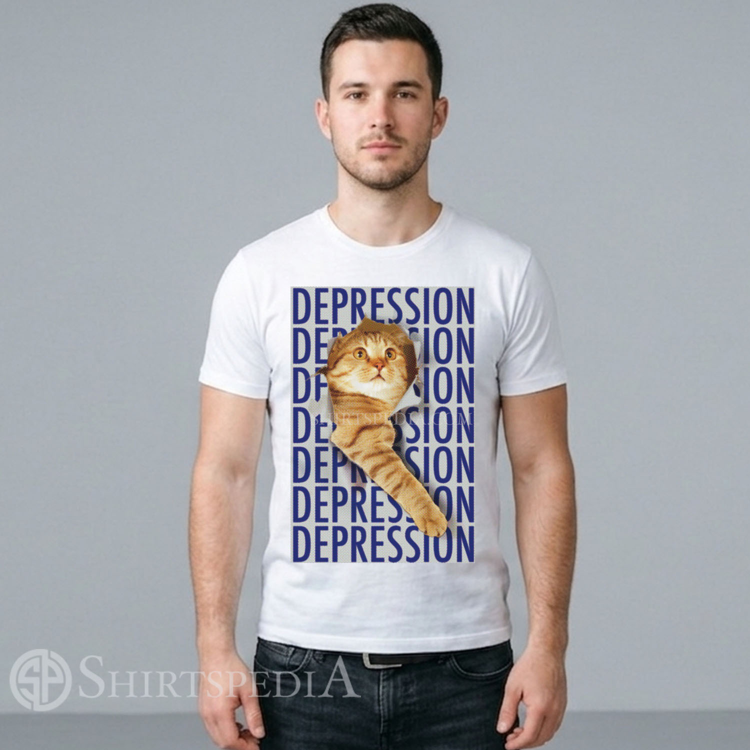 Men white streetwear t-shirt featuring an ironic graphic of a sad orange tabby cat in a retro Y2K meme aesthetic.