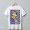 White streetwear t-shirt featuring an ironic graphic of a sad orange tabby cat in a retro Y2K meme aesthetic.