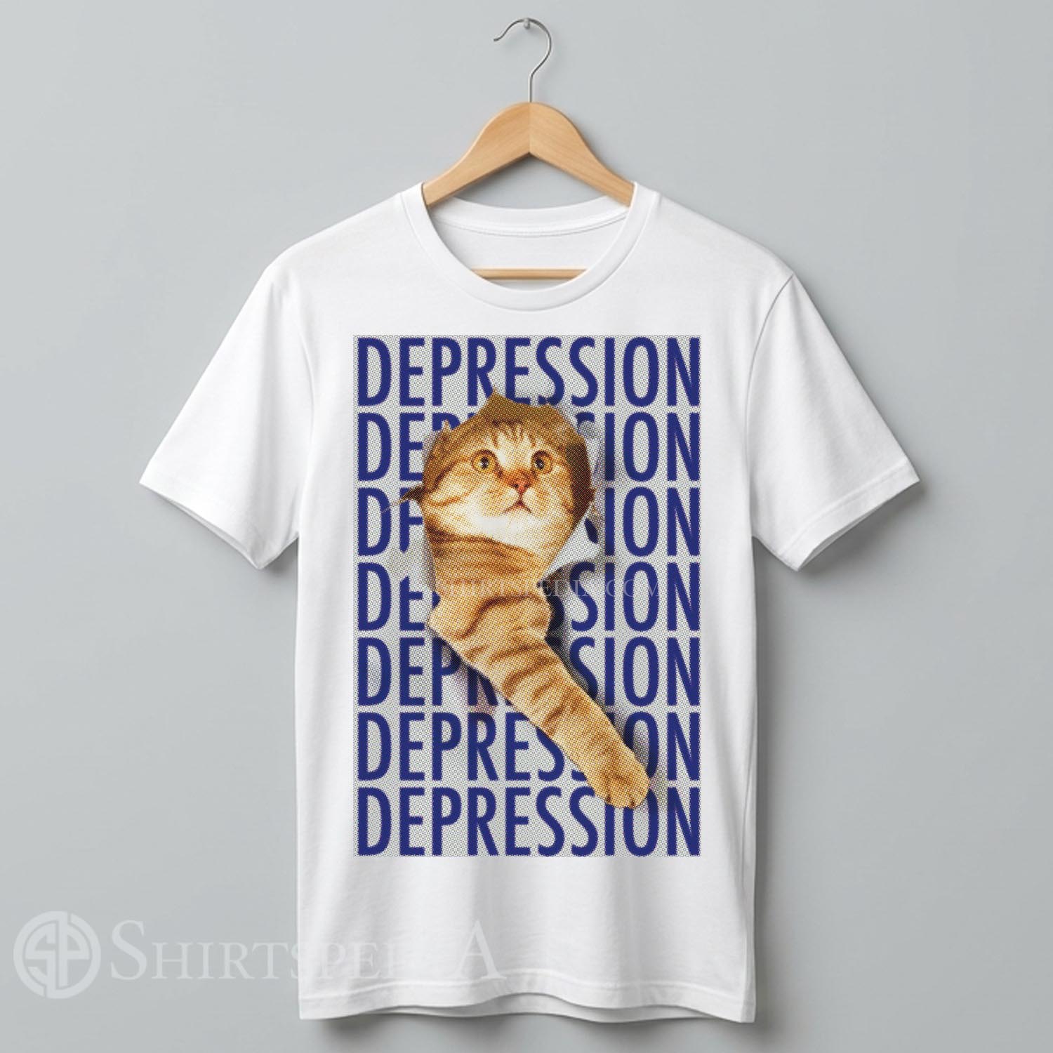 White streetwear t-shirt featuring an ironic graphic of a sad orange tabby cat in a retro Y2K meme aesthetic.