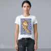 Women white streetwear t-shirt featuring an ironic graphic of a sad orange tabby cat in a retro Y2K meme aesthetic.