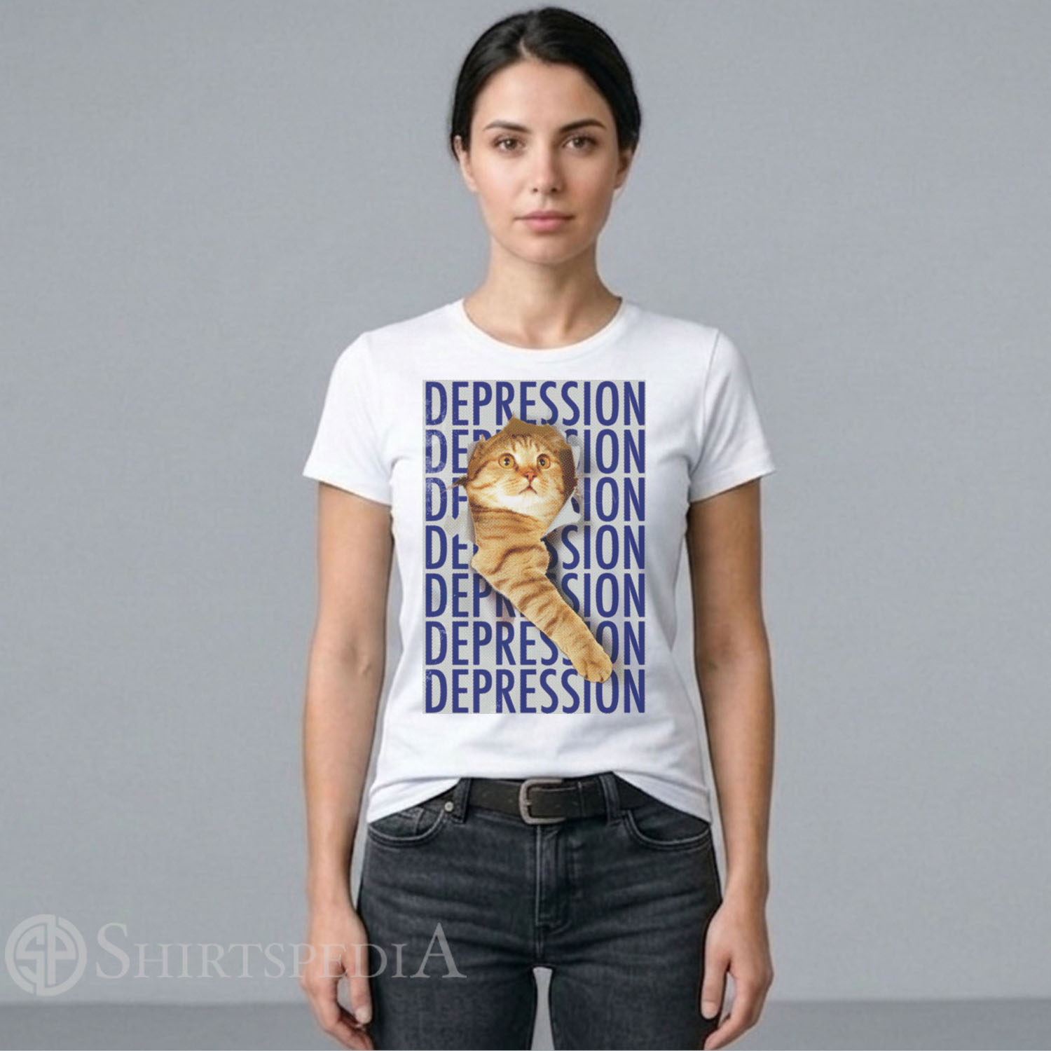 Women white streetwear t-shirt featuring an ironic graphic of a sad orange tabby cat in a retro Y2K meme aesthetic.