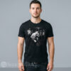 Mens black t-shirt featuring a black and white graphic photo of Mr. Bean screaming into a microphone as the lead vocalist of a hardcore metal basement band.