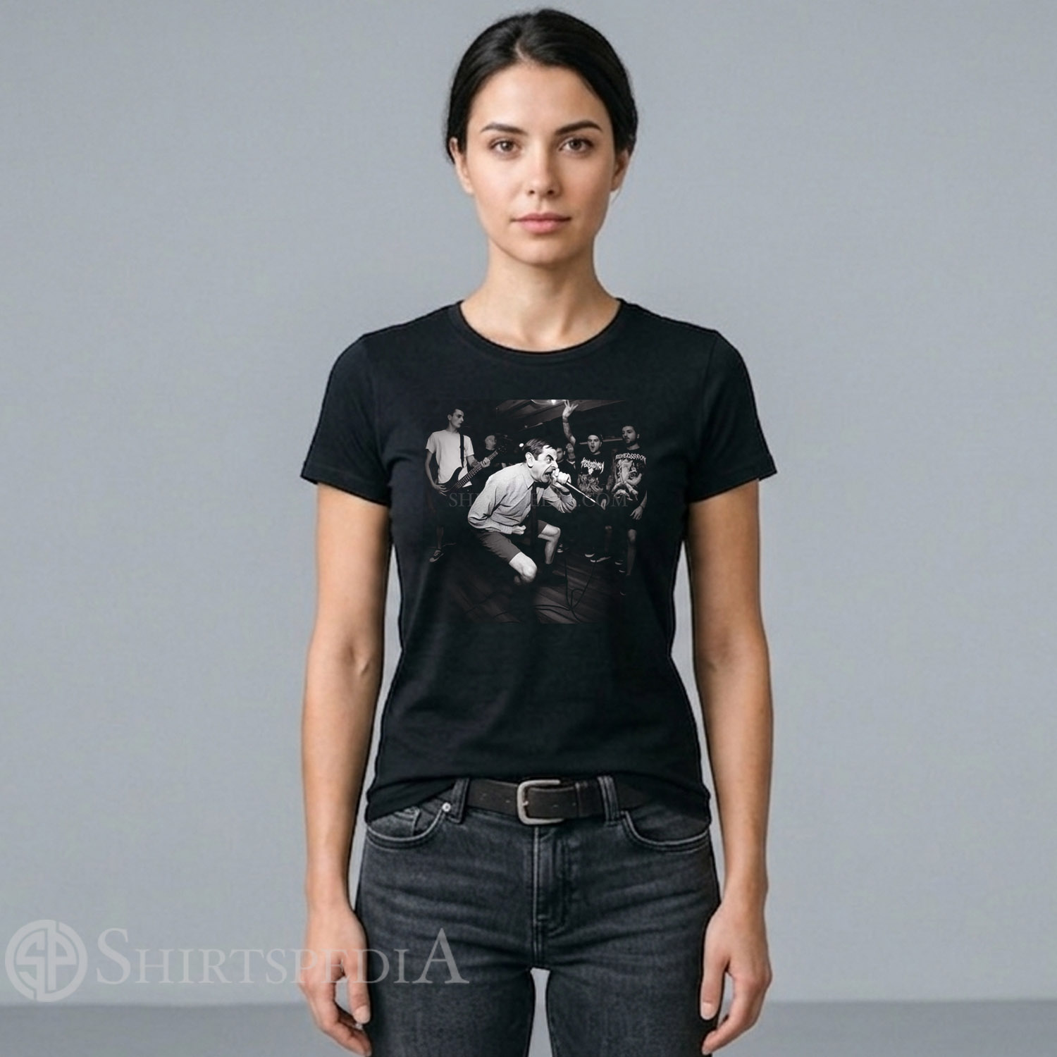 Womens black t-shirt featuring a black and white graphic photo of Mr. Bean screaming into a microphone as the lead vocalist of a hardcore metal basement band.