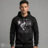 Mens Heavyweight black streetwear hoodie with an adjustable drawstring hood, displaying a large central black and white print of Mr. Bean screaming as a metal lead singer.