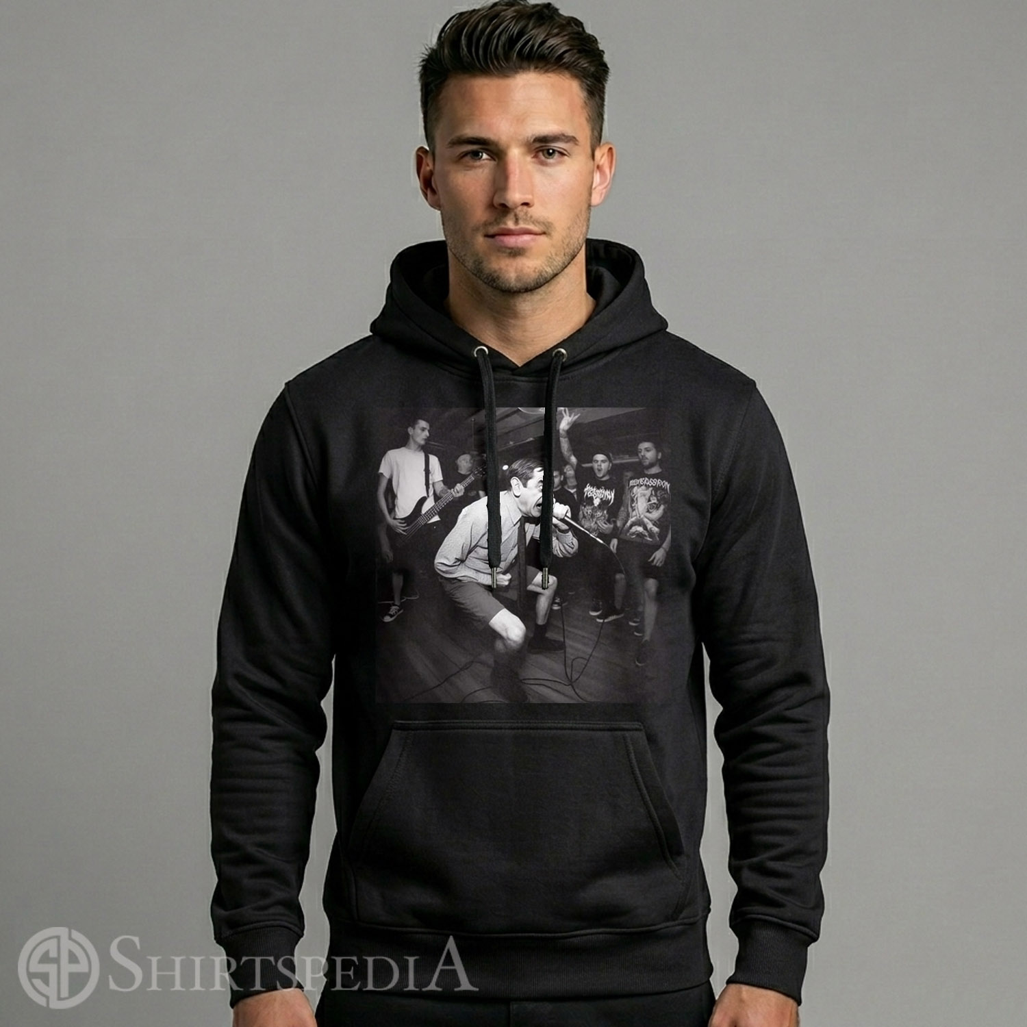 Mens Heavyweight black streetwear hoodie with an adjustable drawstring hood, displaying a large central black and white print of Mr. Bean screaming as a metal lead singer.