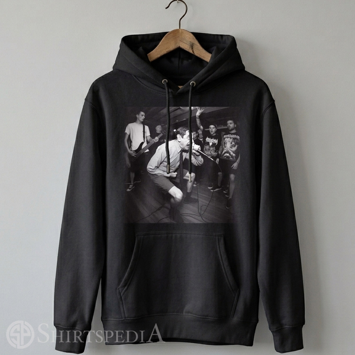 Heavyweight black streetwear hoodie with an adjustable drawstring hood, displaying a large central black and white print of Mr. Bean screaming as a metal lead singer.