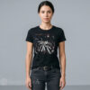 Women black streetwear t-shirt featuring a funny cartoon graphic of an ecstatic cat crowd surfing over a hands-raised concert audience.