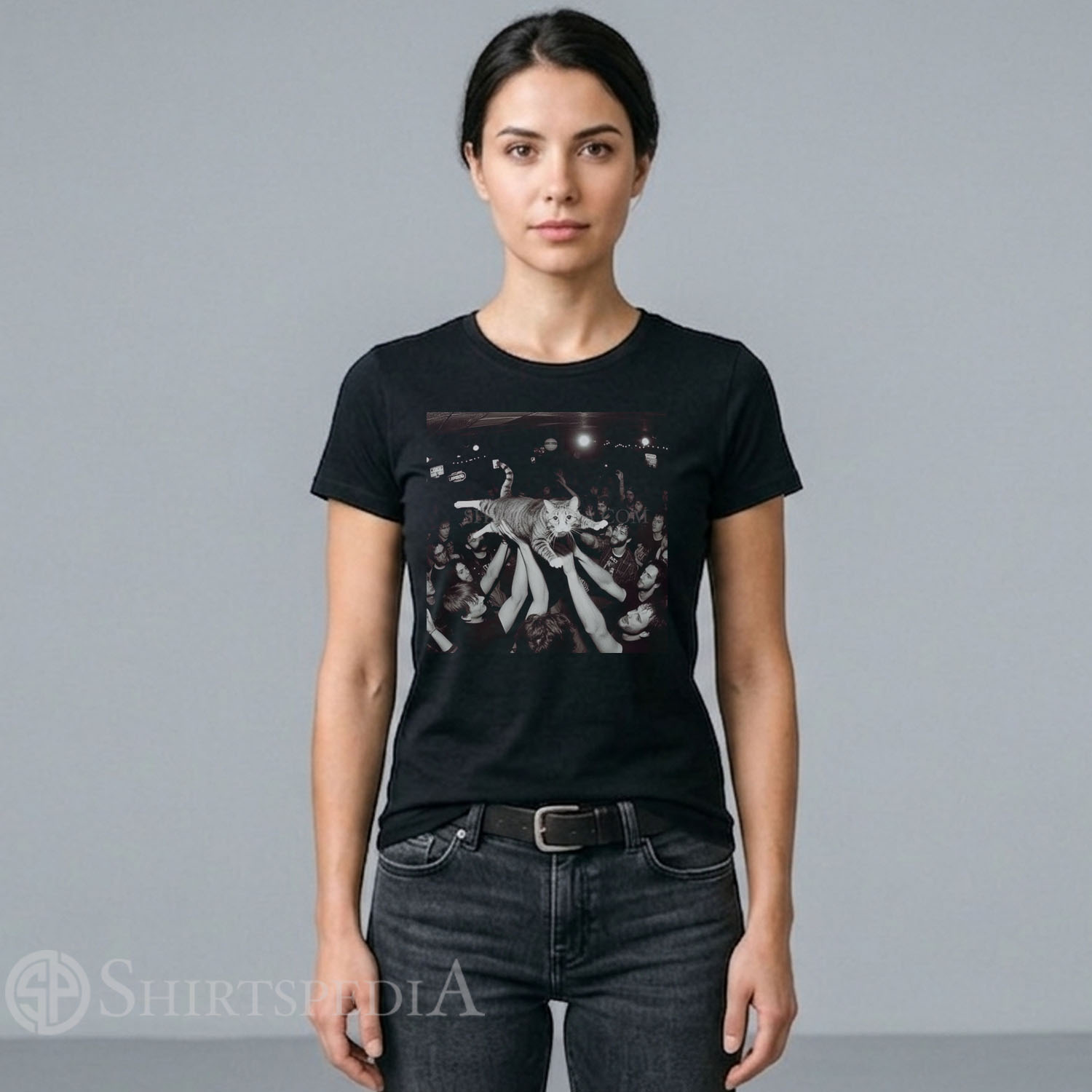 Women black streetwear t-shirt featuring a funny cartoon graphic of an ecstatic cat crowd surfing over a hands-raised concert audience.