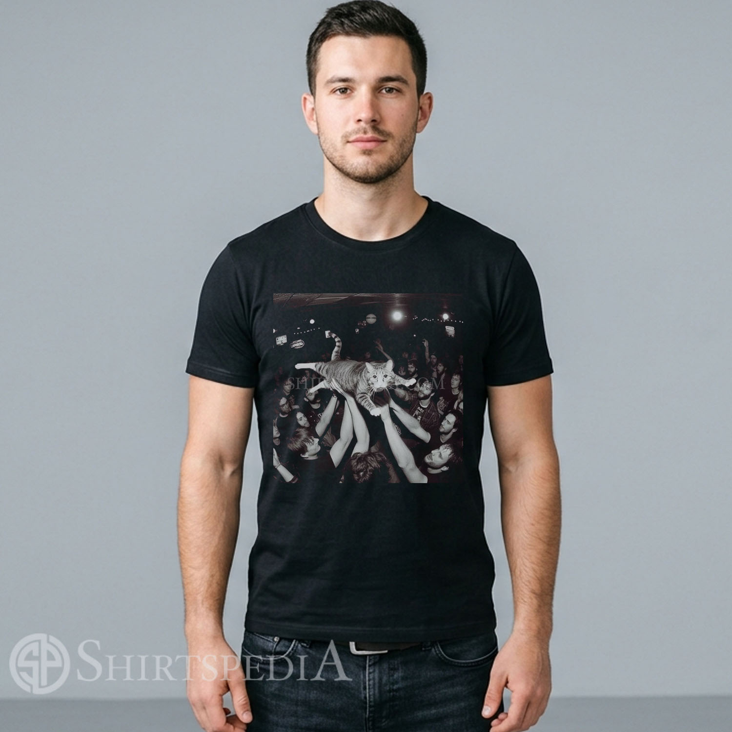 Men black streetwear t-shirt featuring a funny cartoon graphic of an ecstatic cat crowd surfing over a hands-raised concert audience.