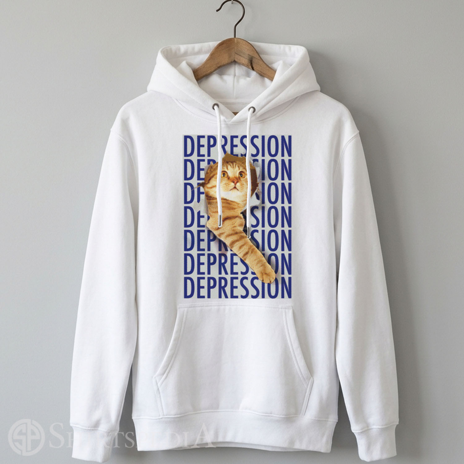 Heavyweight black streetwear hoodie with a spacious front pocket, displaying a large central print of the sad orange tabby depression cat meme.