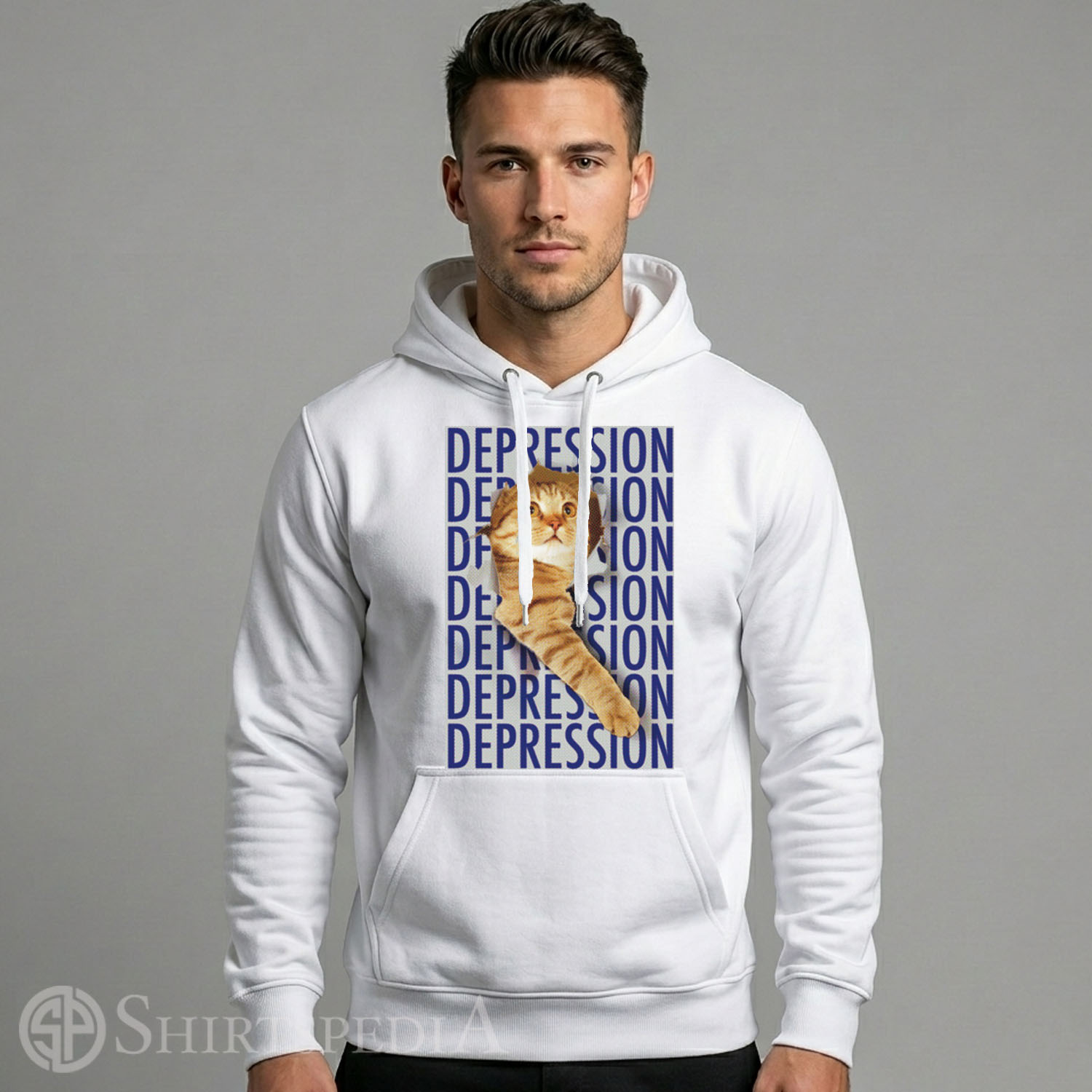 Men Heavyweight black streetwear hoodie with a spacious front pocket, displaying a large central print of the sad orange tabby depression cat meme.