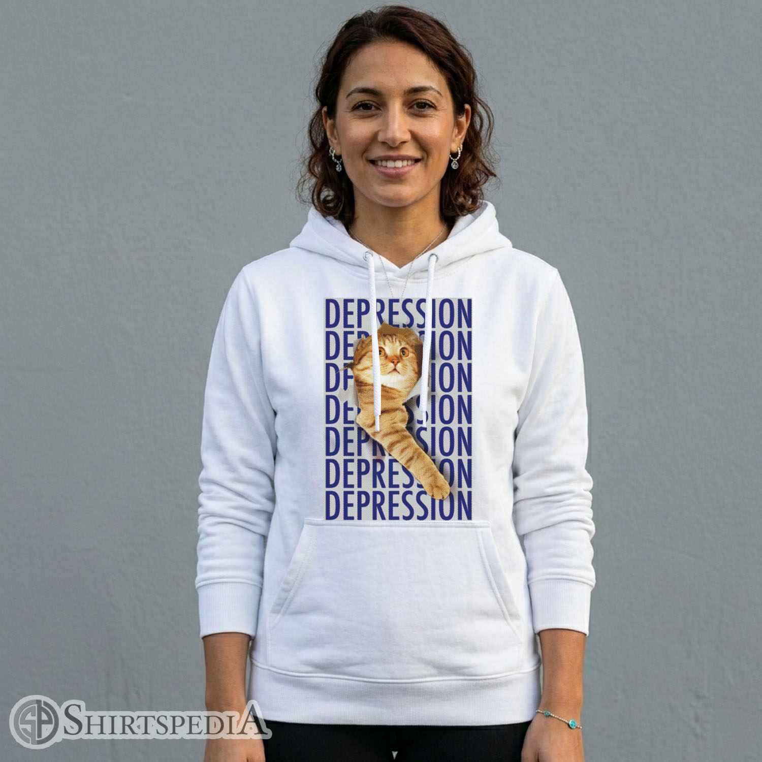 Women Heavyweight black streetwear hoodie with a spacious front pocket, displaying a large central print of the sad orange tabby depression cat meme.