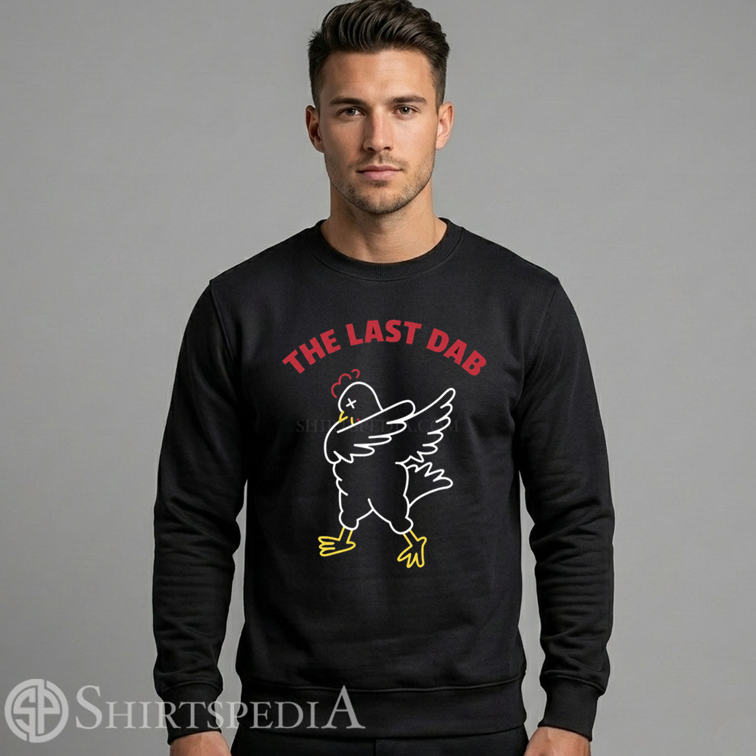 Men black crewneck pullover sweatshirt featuring the Hot Ones dabbing chicken graphic and red text reading The Last Dab.