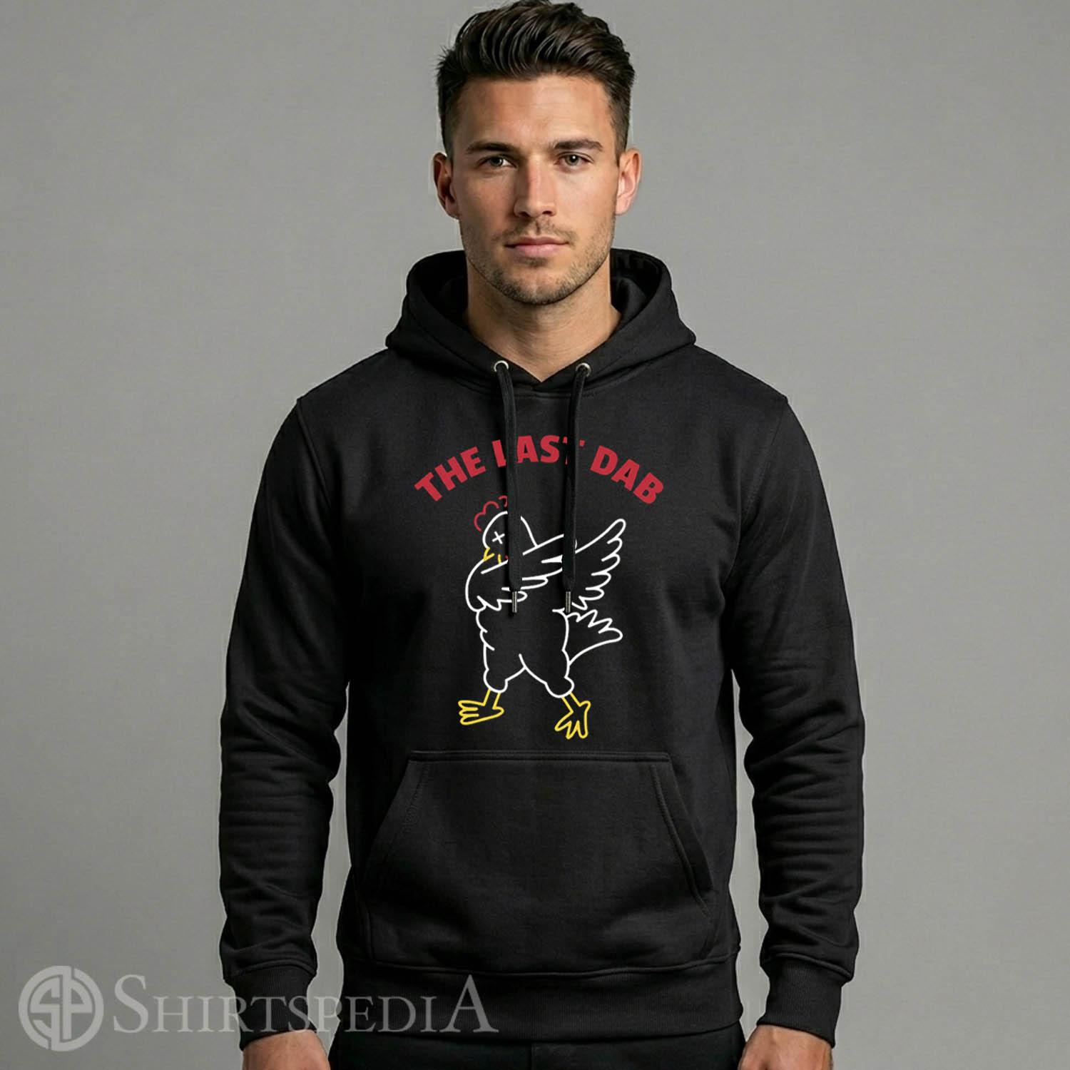 Men Black pullover hoodie with an adjustable drawstring hood, displaying the Hot Ones dabbing chicken logo with The Last Dab text centered on the chest.