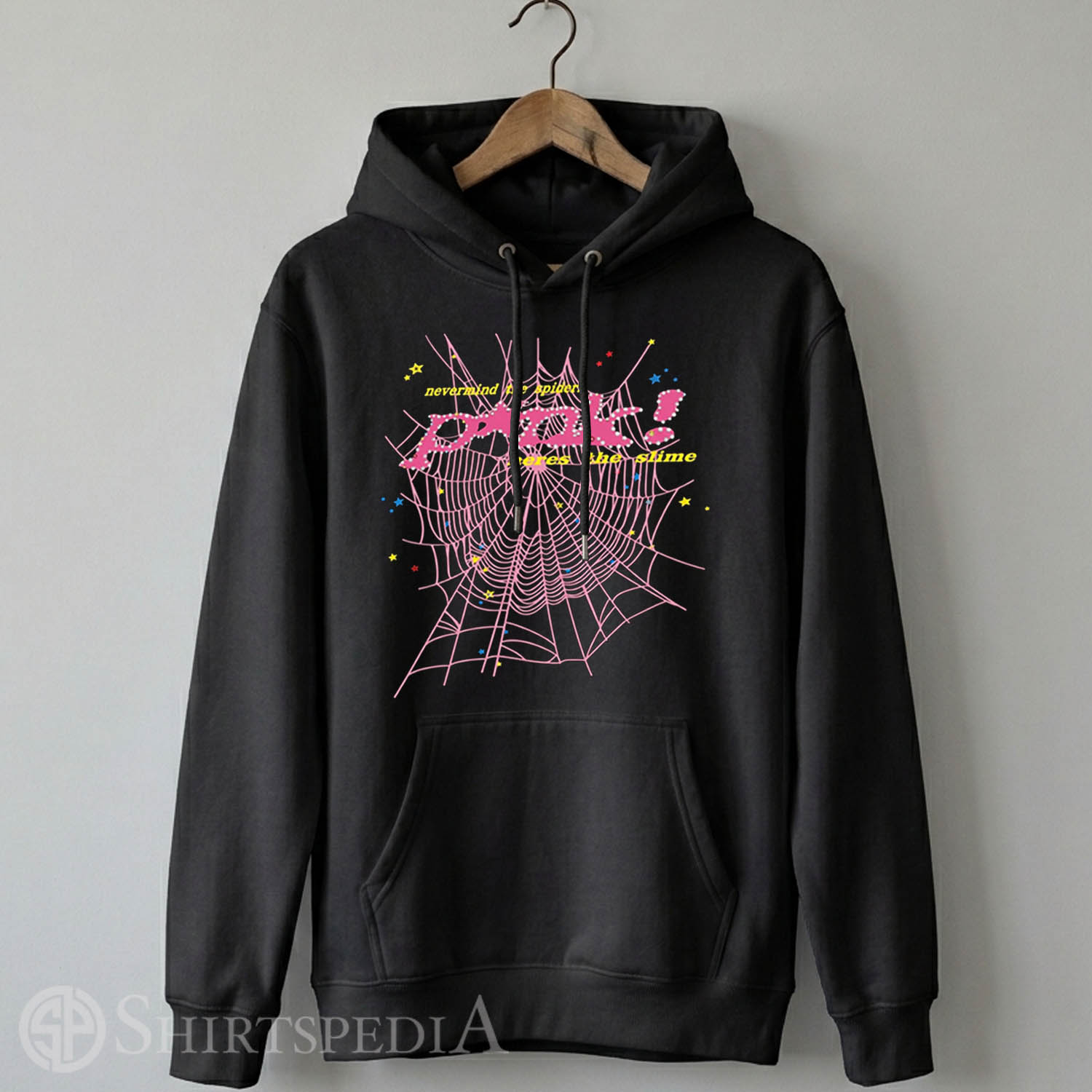Sp5der Worldwide Inspired Pink Heres The Slime Heavyweight Hoodie Y2K Spiderweb Pullover Heavyweight black pullover streetwear hoodie with a large central pink spiderweb graphic and rhinestone-style lettering reading P*nk!
