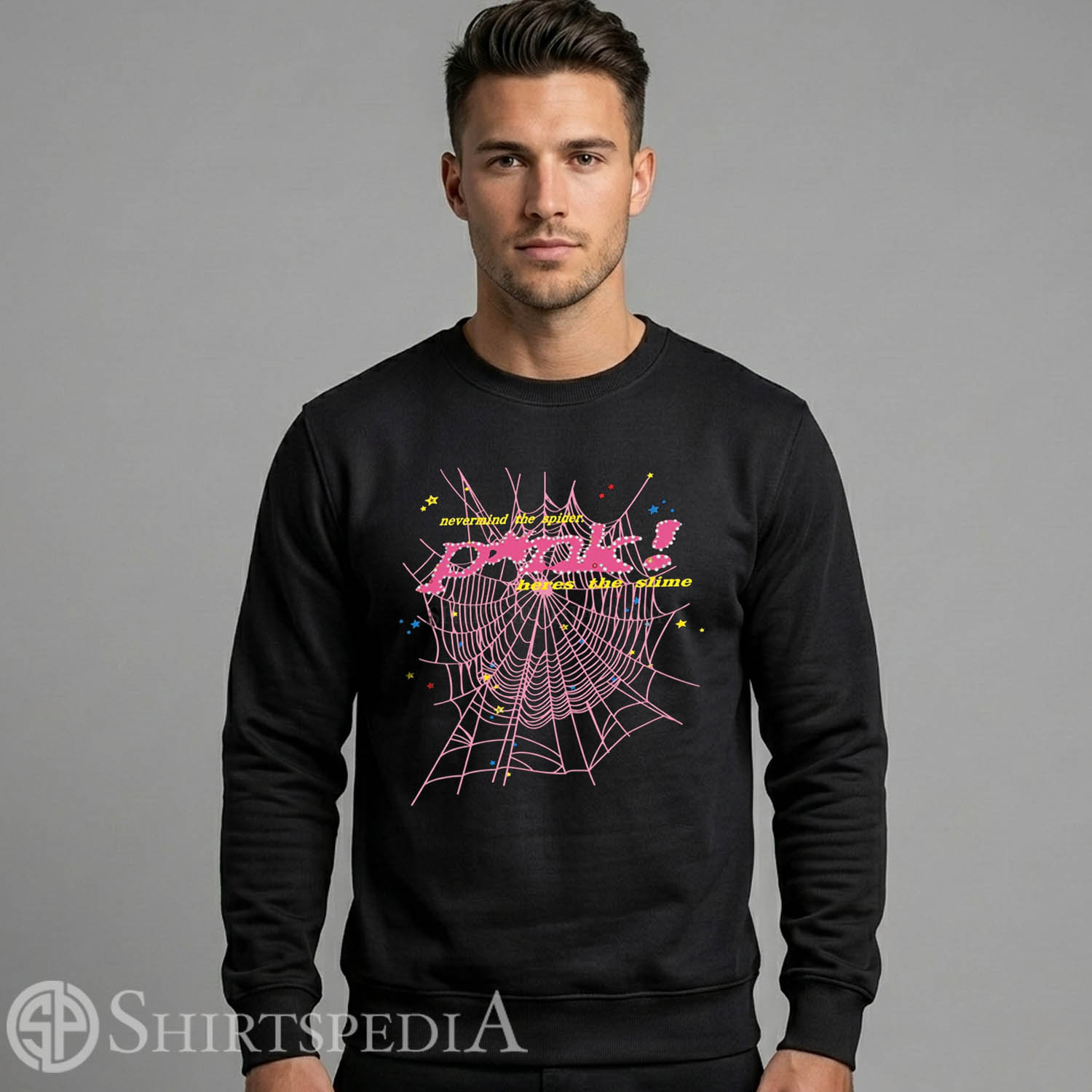 Men Unisex black crewneck streetwear sweatshirt printed with a large pink spiderweb graphic and text reading P*nk! here's the slime.