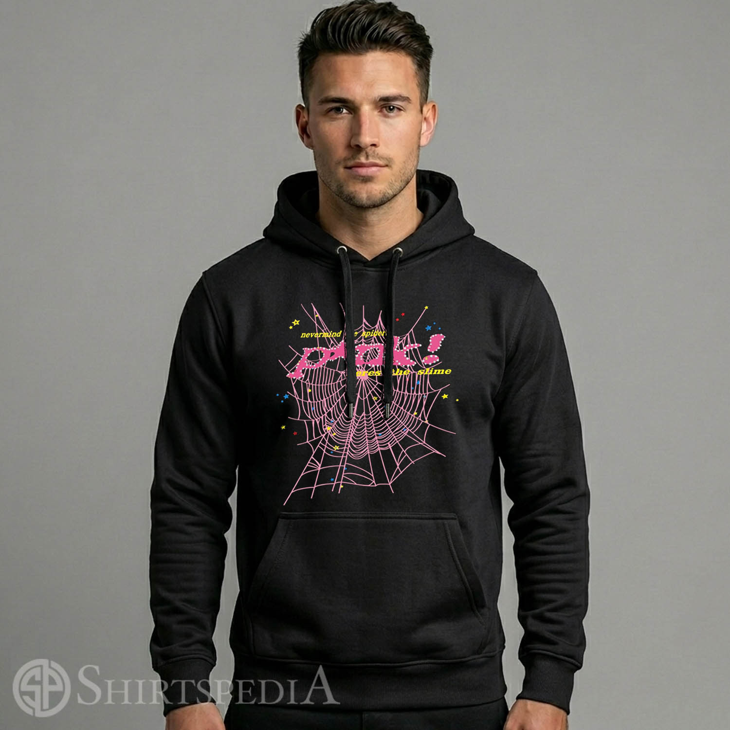 Sp5der Worldwide Inspired Pink Heres The Slime Men Heavyweight Hoodie Y2K Spiderweb Pullover Men Heavyweight black pullover streetwear hoodie with a large central pink spiderweb graphic and rhinestone-style lettering reading P*nk!