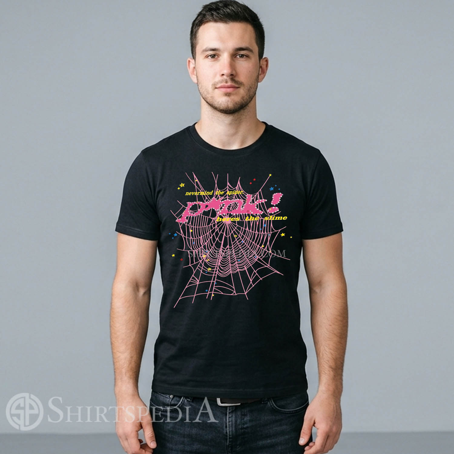 Men Black streetwear graphic t-shirt featuring a large pink spiderweb graphic with the text P*nk! in rhinestone lettering and yellow text reading nevermind the spider, here's the slime.