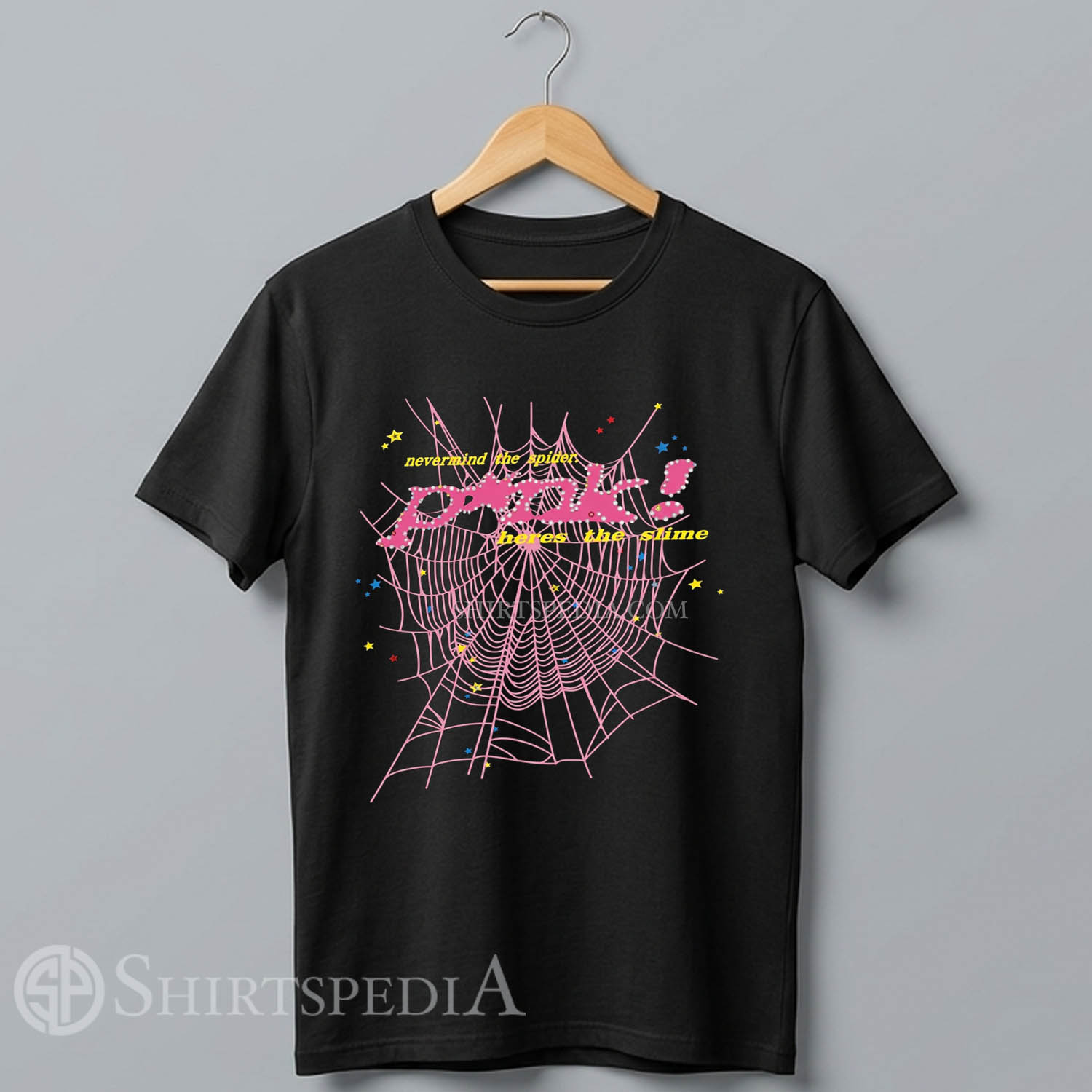 Black streetwear graphic t-shirt featuring a large pink spiderweb graphic with the text P*nk! in rhinestone lettering and yellow text reading nevermind the spider, here's the slime.